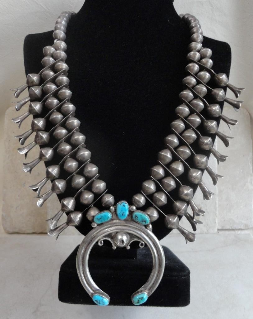 VTG. NAVAJO 1930s-40's TURQUOISE STERLING SILVER 20 BIG SQUASH BLOSSOMS NECKLACE