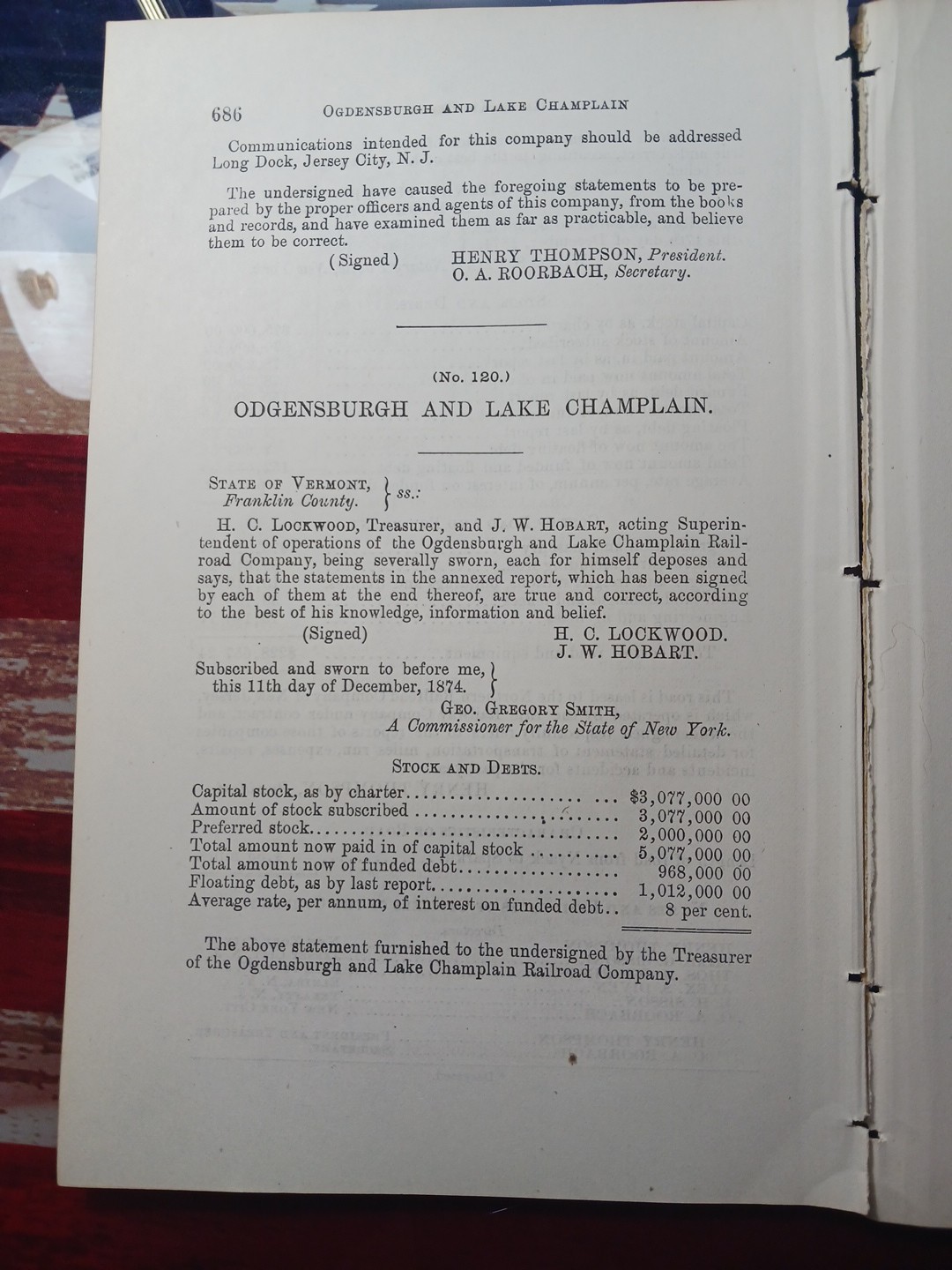 1874 Train Report OGDENSBURG AND LAKE CHAMPLAIN RAILROAD Rouses Point New York