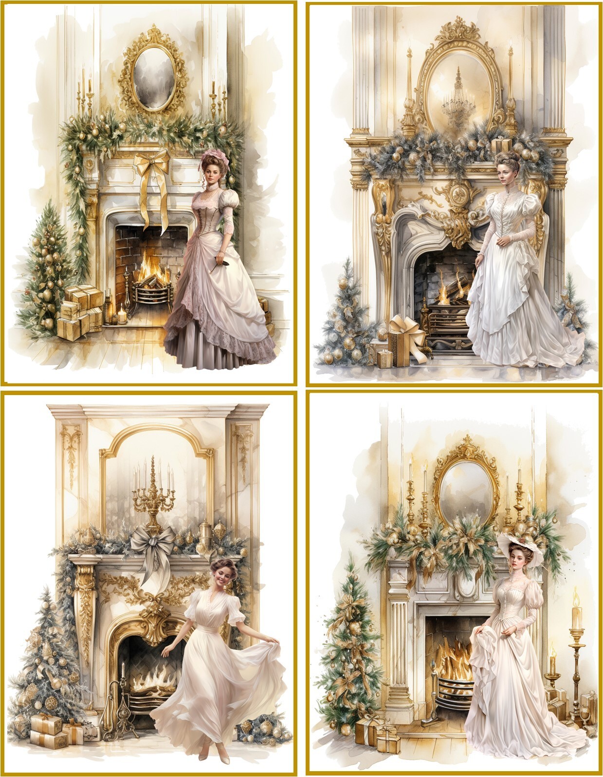 8 CHRISTMAS HOLIDAY VICTORIAN VINTAGE LADIES FIREPLACE GLOSSY 8 BLANK CARD