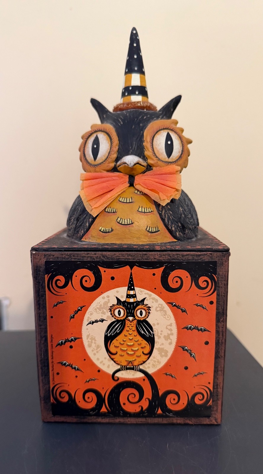Bethany Lowe 8” Johanna Parker Perched Owl Candy Box Halloween Decor Figure