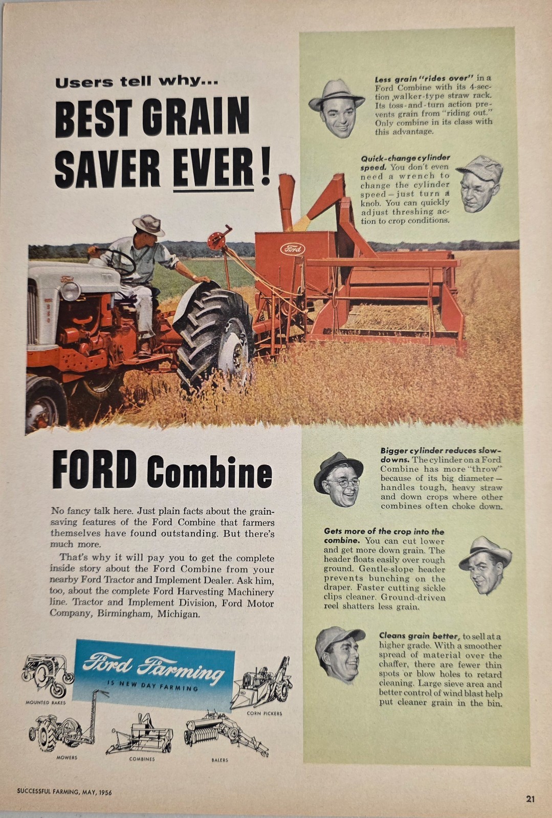 1956 Print Ad Ford Model 960 Tractor Pulls Combine Farm Field Birmingham,MI