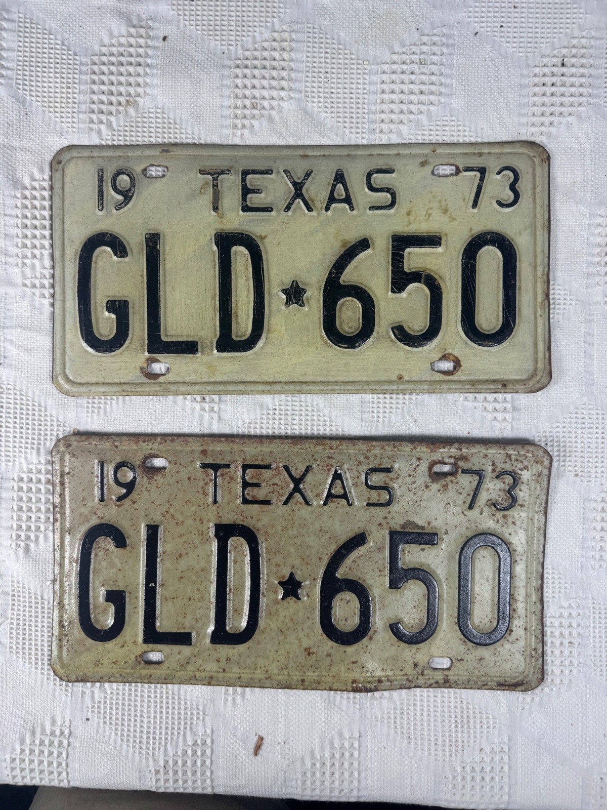 Vintage 1973 Texas License Plates Pair GLD 650 Black Embossed Letters On White