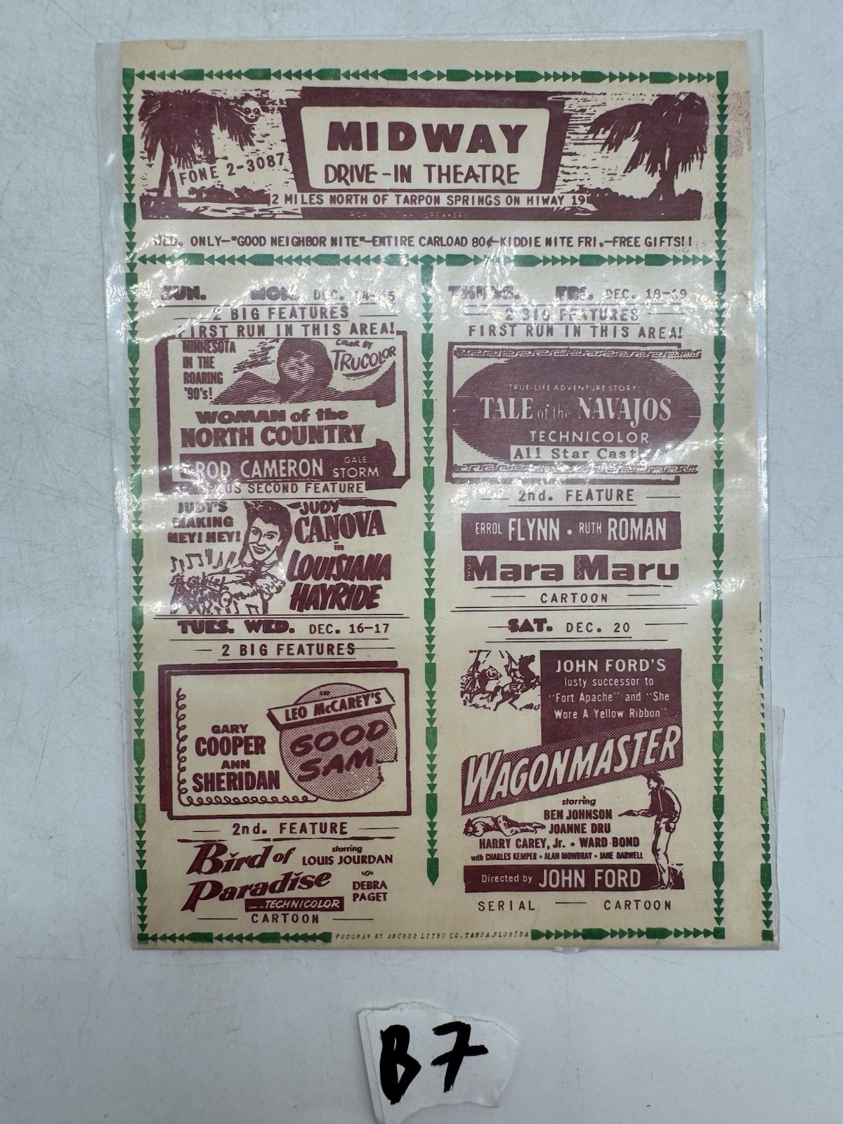 Midway Drive-In Theatre December Schedule Handbill Tarpon Springs Florida