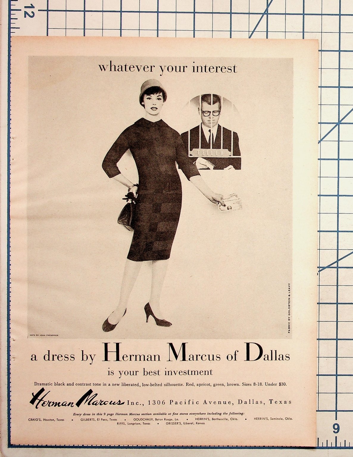1958 Herman Marcus Dallas Dress Magazine Ad Woman Bank Teller Vintage Fashion