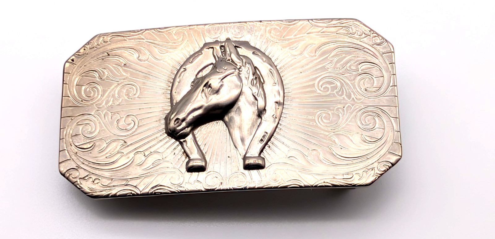 Vintage Western Belt Buckle Horse Head Horseshoe 3D Relief Engraved Scrollwork