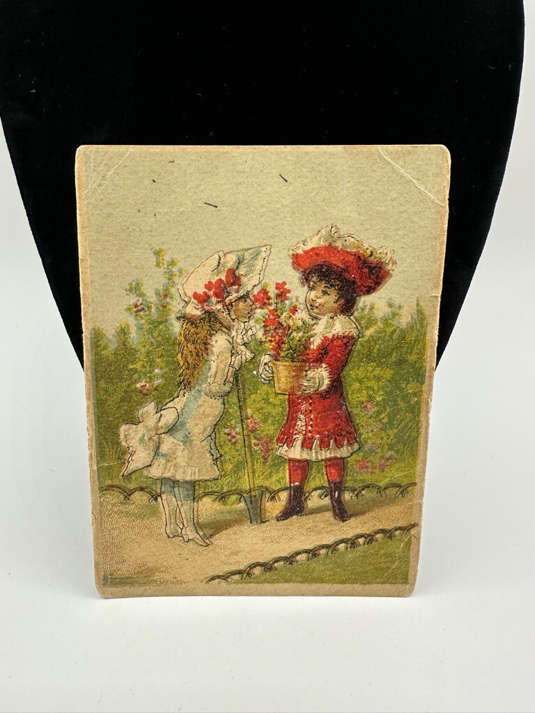 French Advertising Chromo Trade Card Double Print Spring Flowers Child Vintage