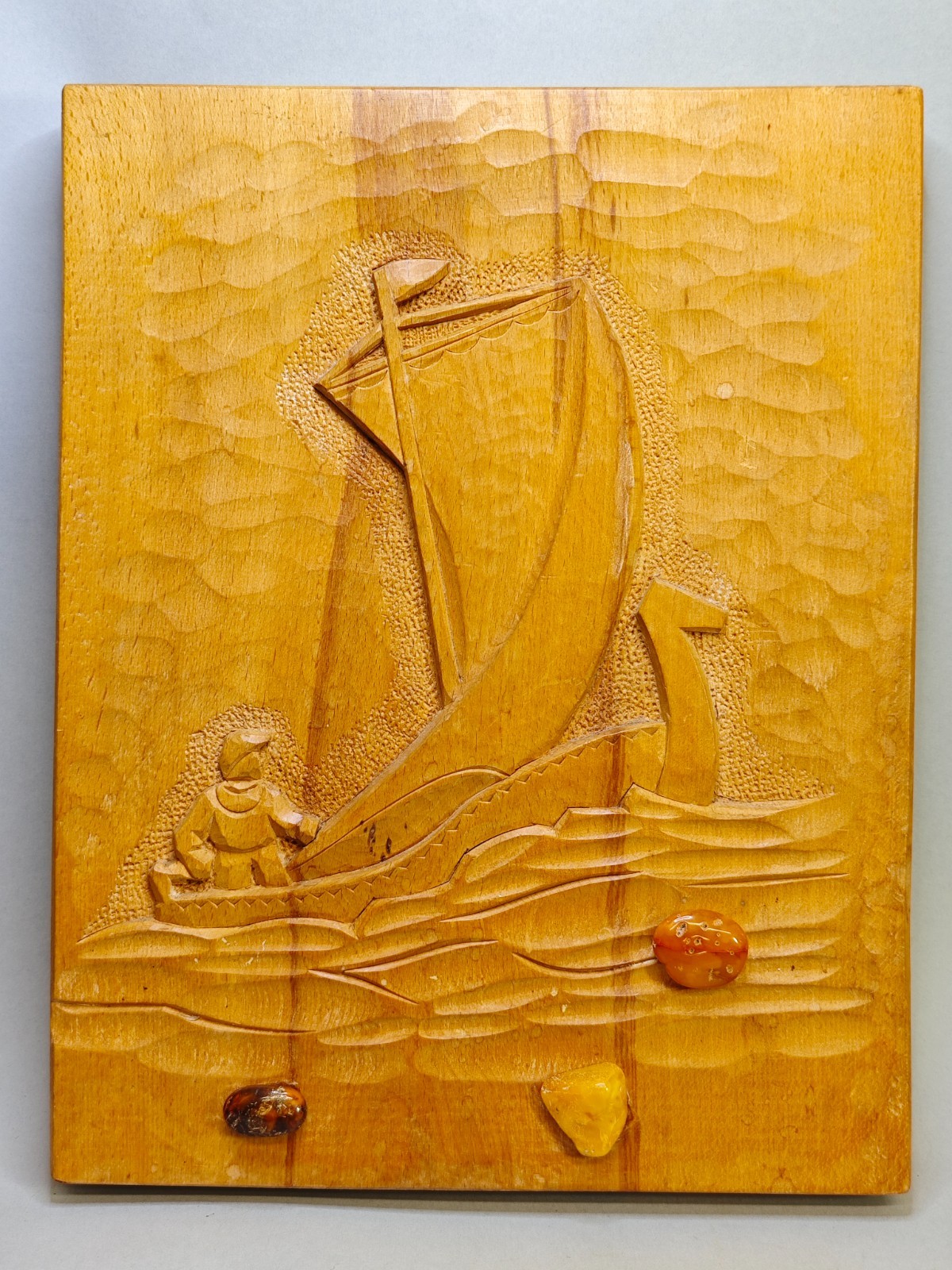 Vintage Latvian Folk Art Wooden Viking Ship Plaque Natural Baltic Amber