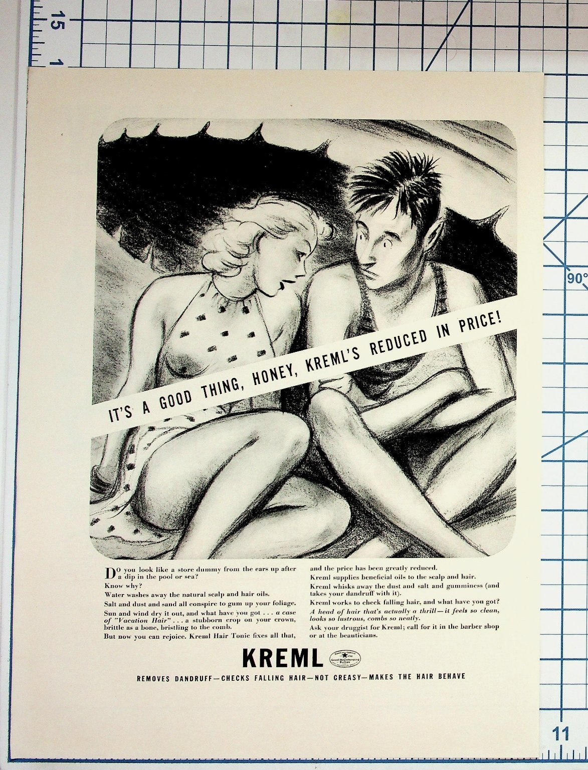 Vintage KREML Hair Tonic Ad 1940s 50s Magazine Page Vacation Hair Dandruff Vintage KREML Hair Tonic Ad 1940s 50s Magazine Page Vacation Hair Dandruff