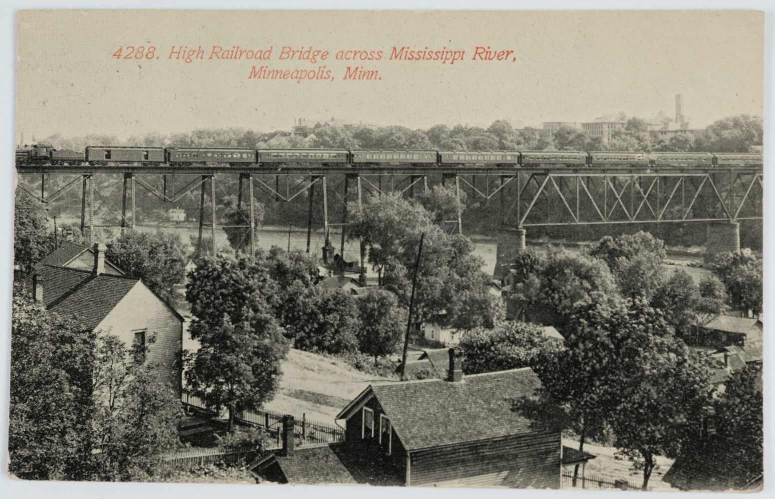 Vintage Postcard High RR Bridge Mississippi River Minn MN Train Funny Message