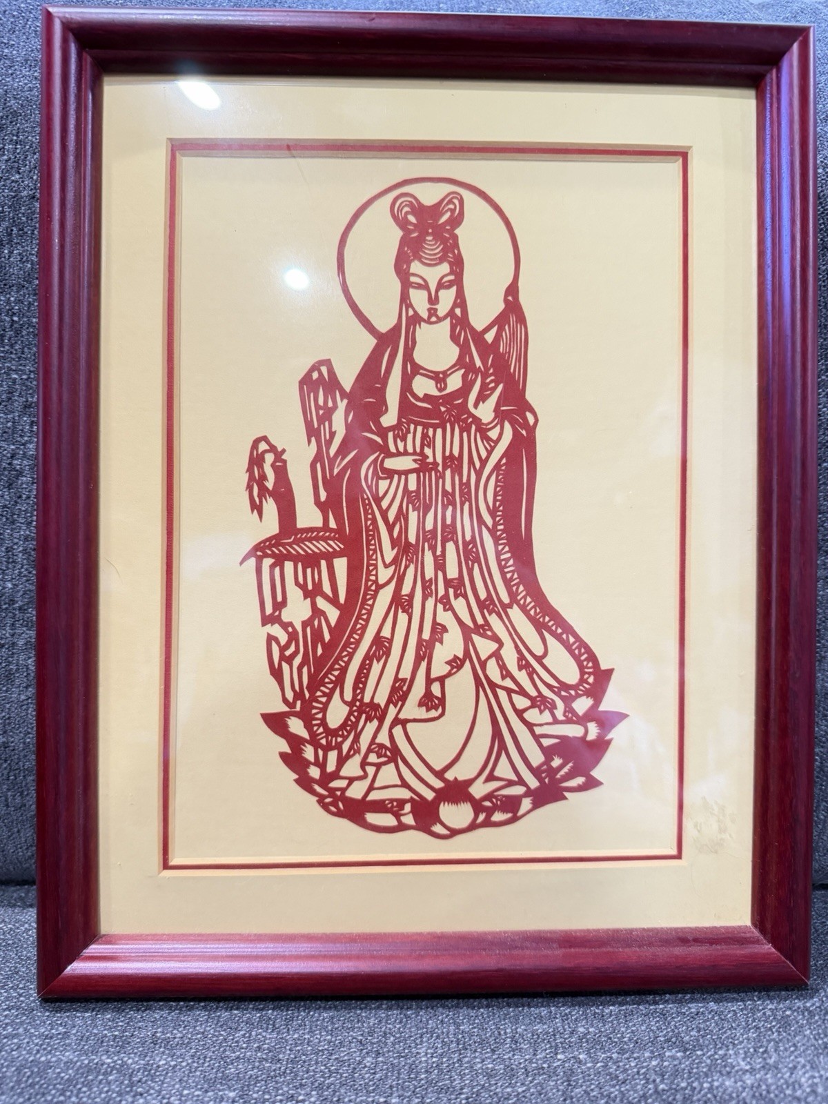 Vintage Chinese Guanyin Kuan Yin Hand Cut Red Paper Art Framed 12”