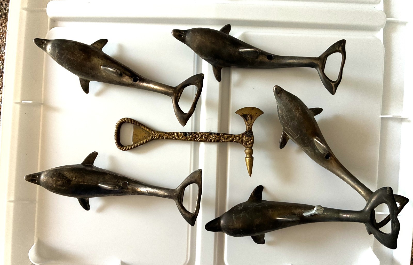 Lot of 5 Silver Plated Dolphin Shaped Bottle Openers  Vintage MCM plus another