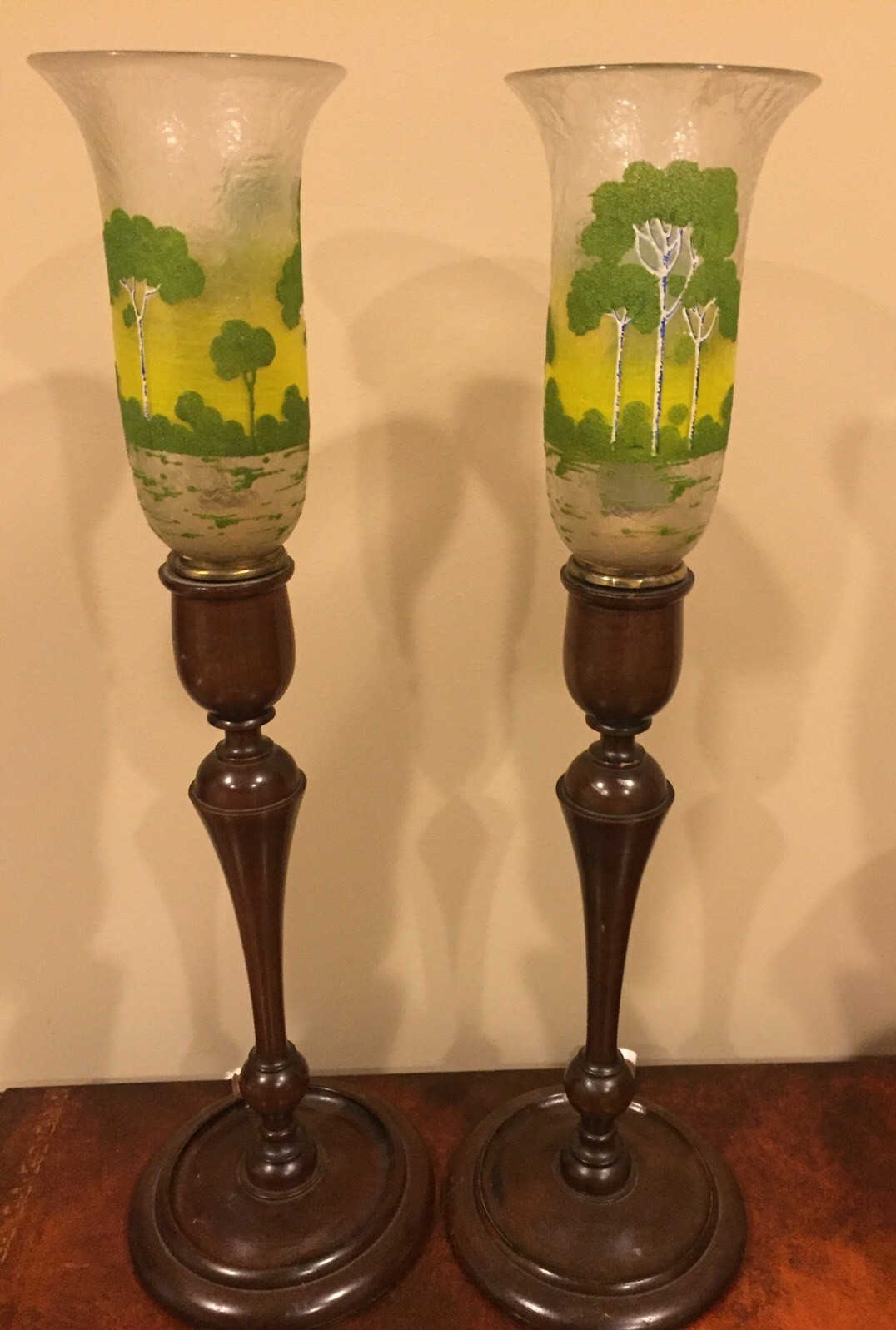 Pairpoint Ambero Antique Lamps w/ Scenic Hurricane Shades & Walnut Bases 23