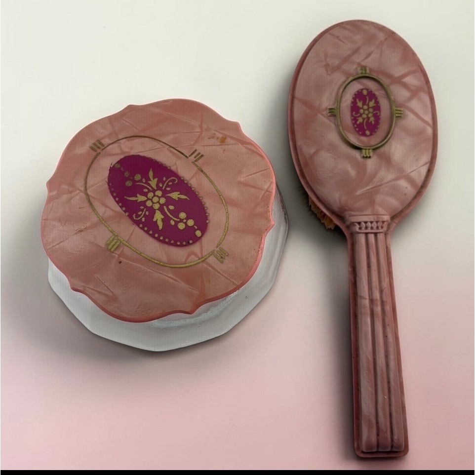 Vintage Pink Celluloid Glass Powder Jar and Hairbrush Vanity Set Floral Gold