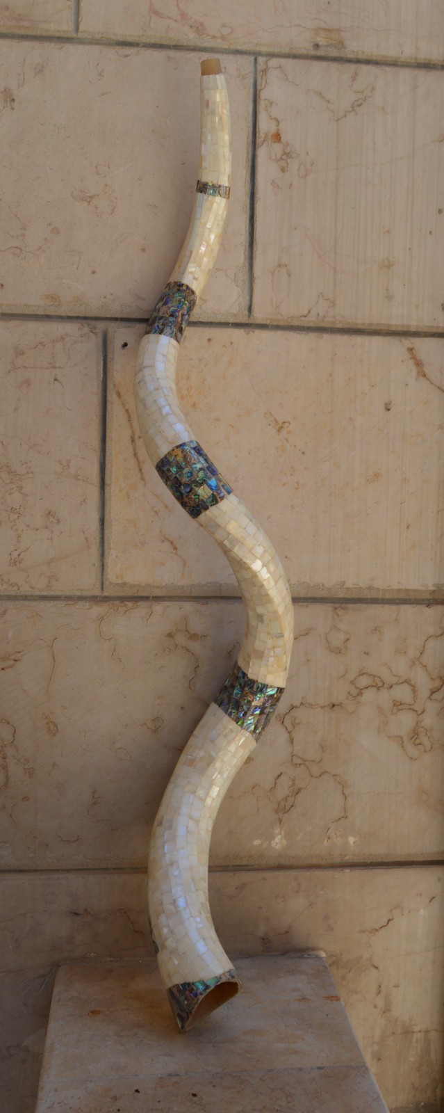 Large Handcrafted Natural Ram's Horn Shofar with Mother of Pearl Inlay  Judaica