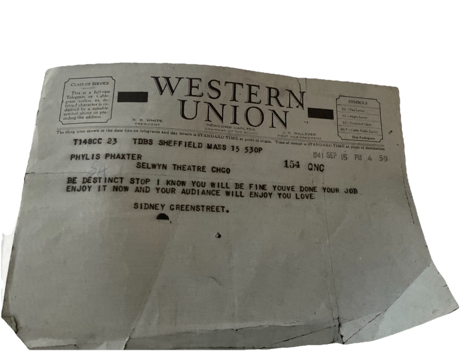 Original 1941 Western Union Telegram From Sydney Greenstreet To Phyllis Thaxter Original 1941 Western Union Telegram From Sydney Greenstreet To Phyllis Thaxter