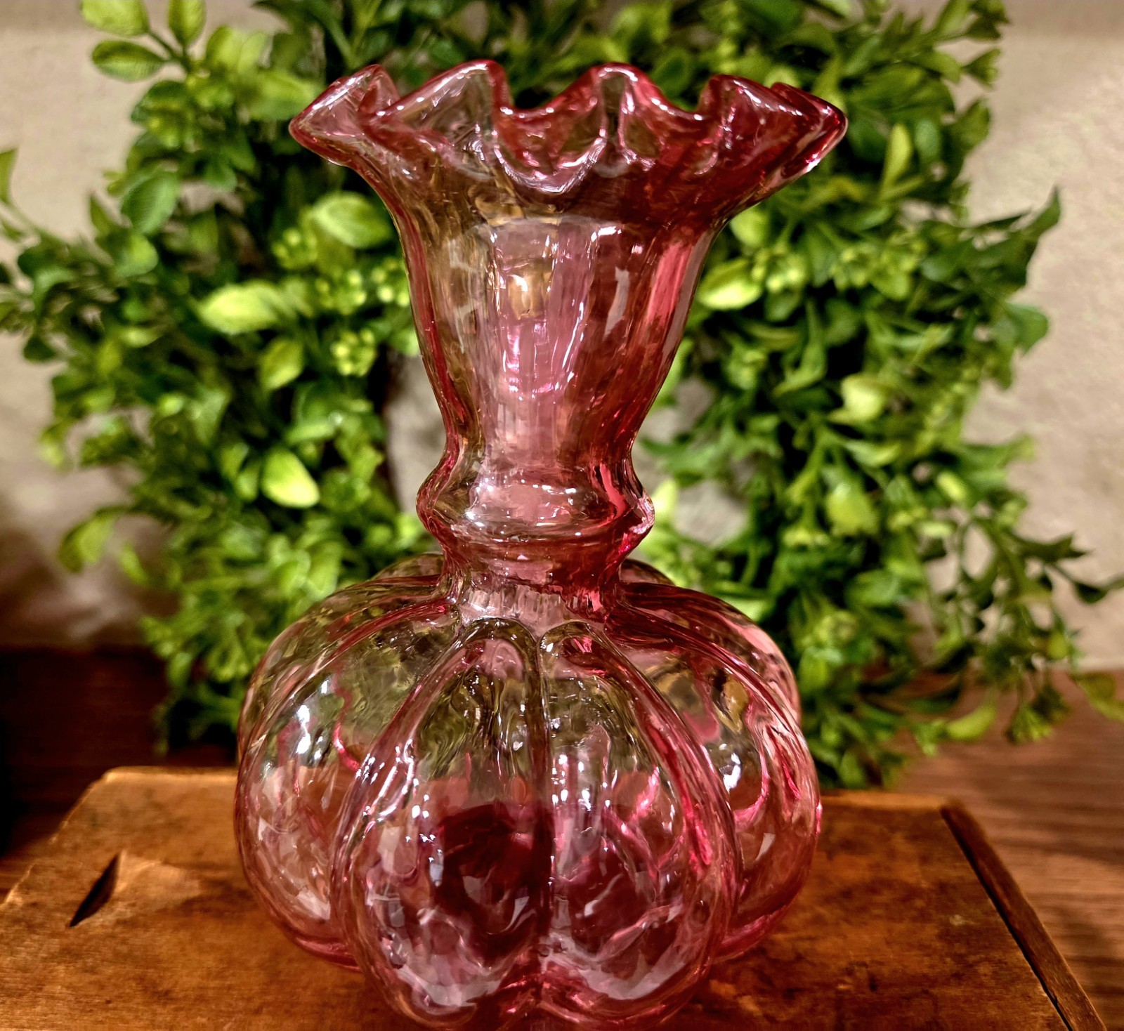 Vintage Fenton Cranberry Glass Diamond Optic Melon Vase 5 Vintage Fenton Cranberry Glass Diamond Optic Melon Vase 5