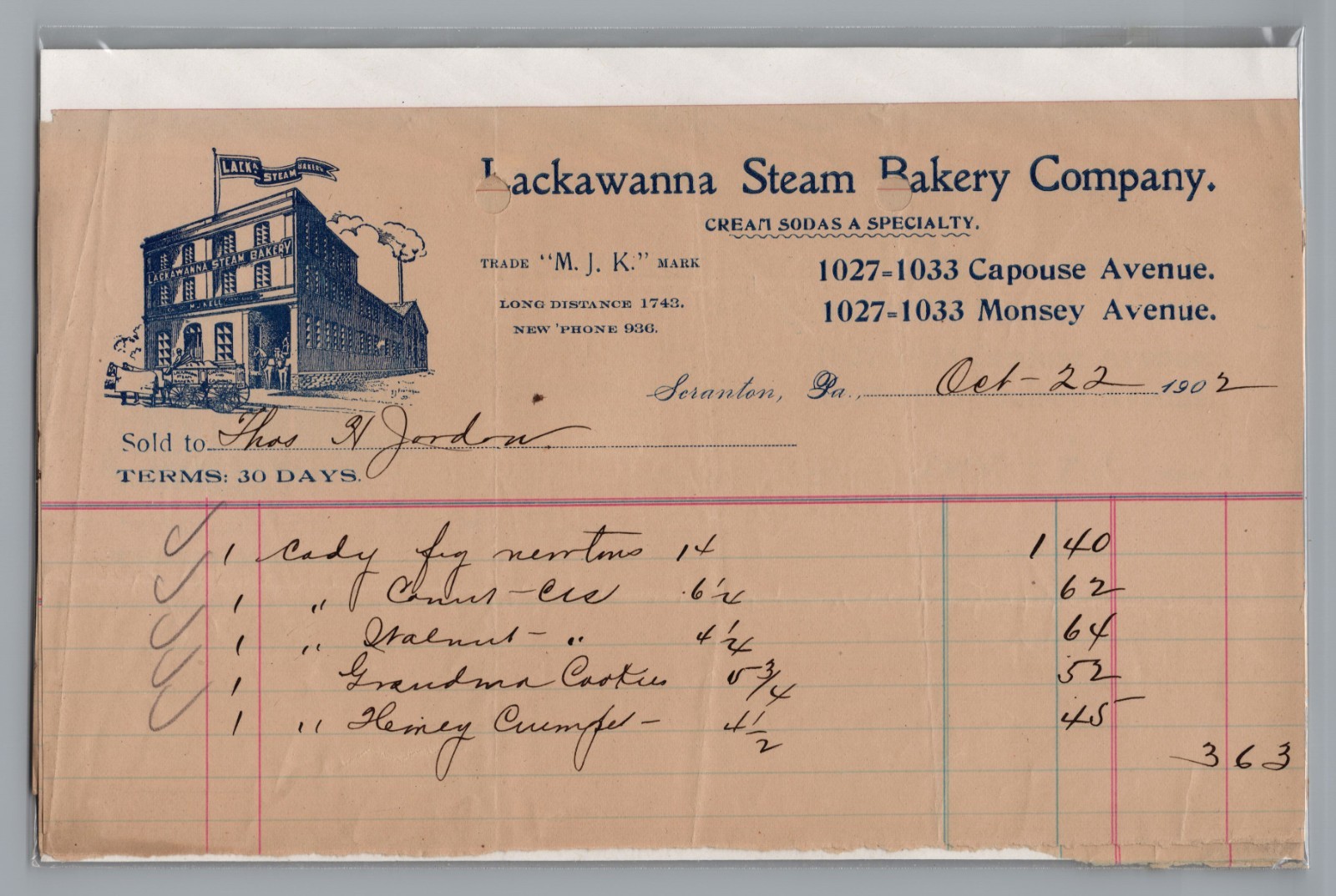 Antique 1902 Scranton PA Billhead Lackawanna Steam Bakery Co.