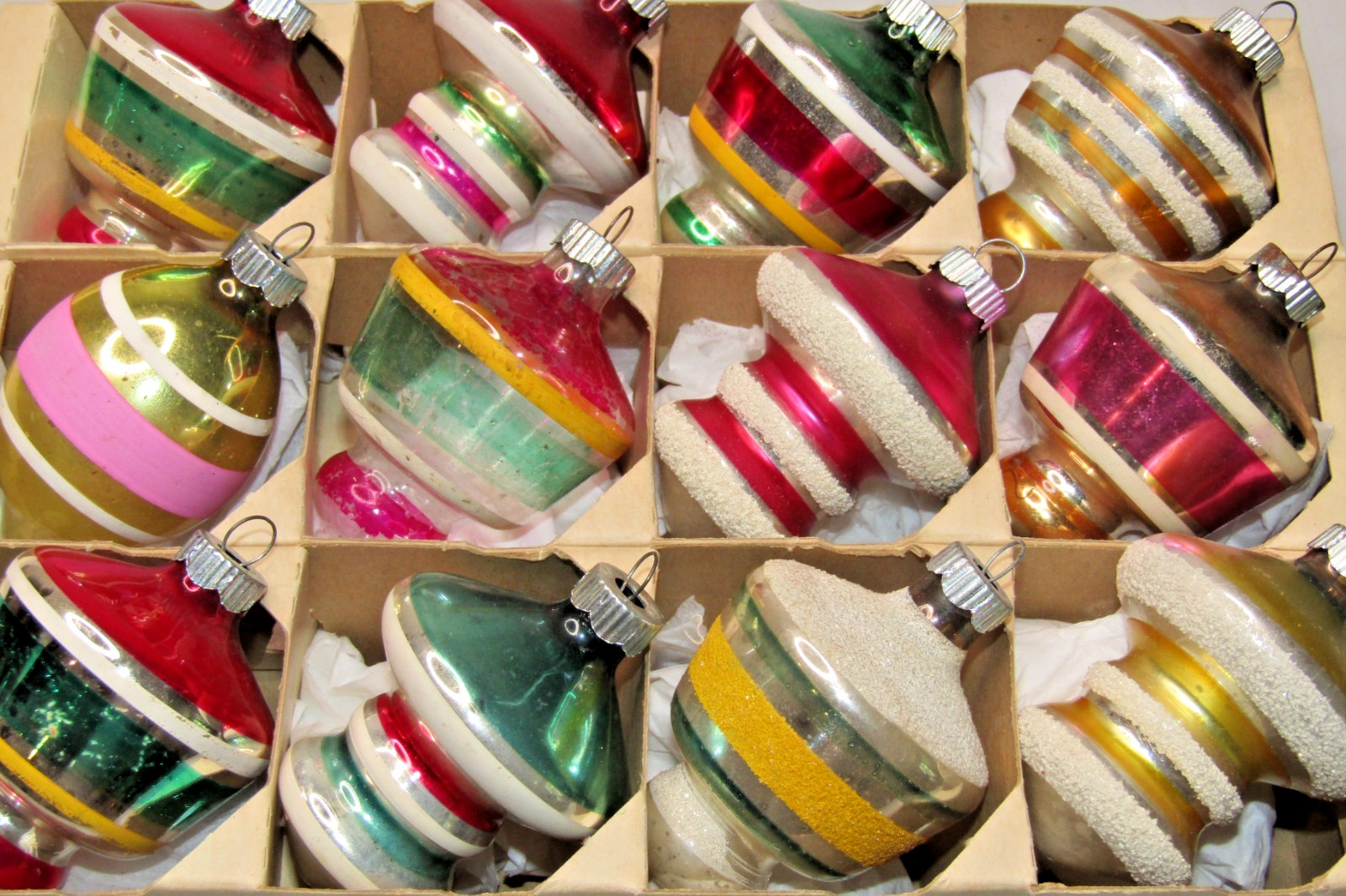 Lot VTG Glass Mica Striped TORNADO UFO Drop Christmas Ornaments Shiny Brite