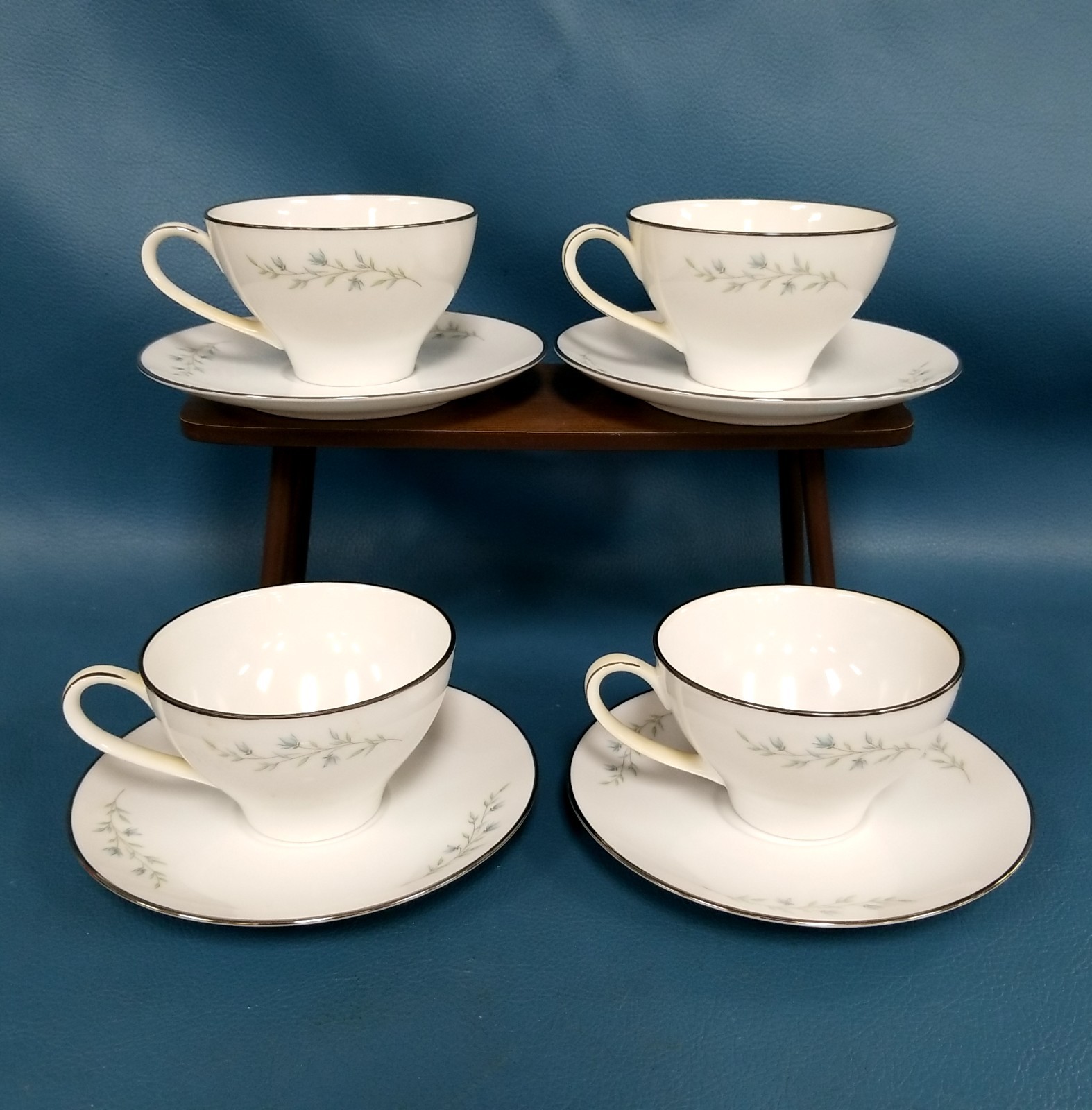 4 Cups & Saucers Noritake Tilford Replacements Light Blue Floral Vines