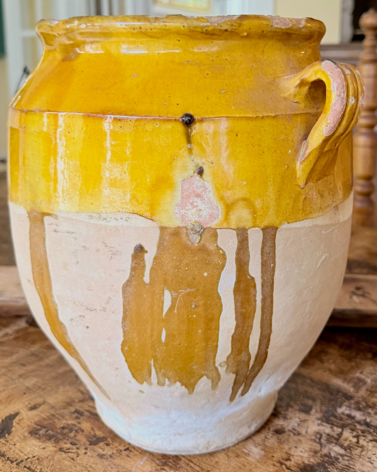 12+ INCH POT Á CONFIT EARTHENWARE POTTERY YELLOW GLAZE VESSEL PROVENCE PITCHER