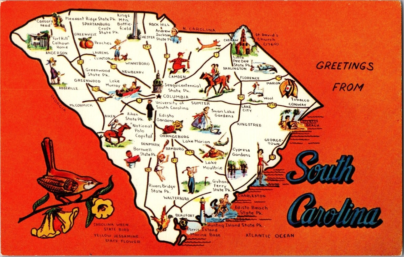 South Carolina Pictorial Map Postcard Dexter Press Yellow Jasmine Wren