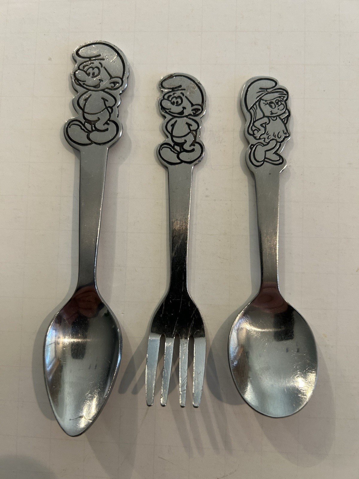3 Vintage 1980\'s SMURFS Stainless Steel Fork & Spoon by Peyo Danara 3 Vintage 1980\'s SMURFS Stainless Steel Fork & Spoon by Peyo Danara