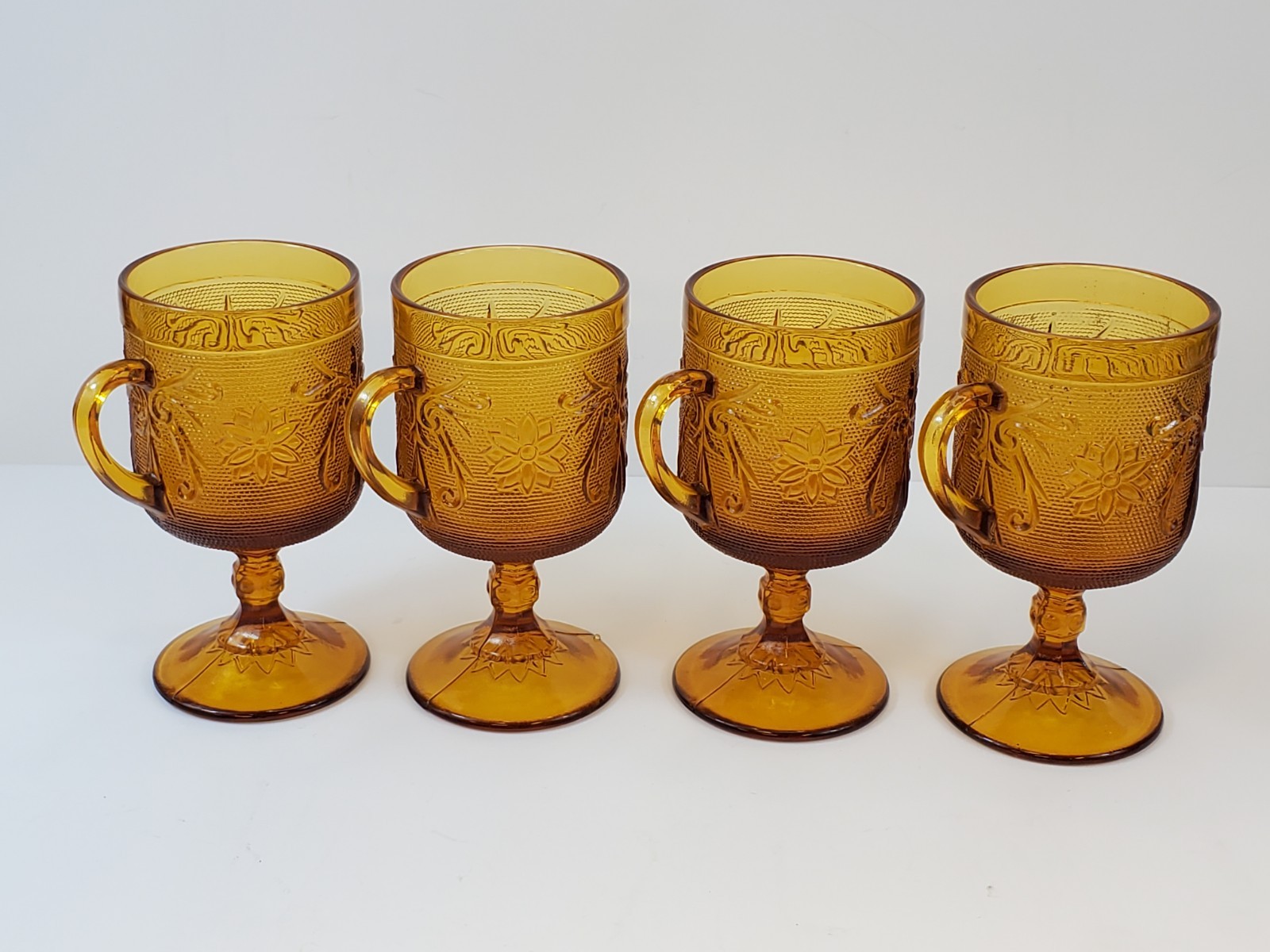Vintage Indiana Glass Tiara Amber Sandwich Pedestal Mugs Handled set of 4