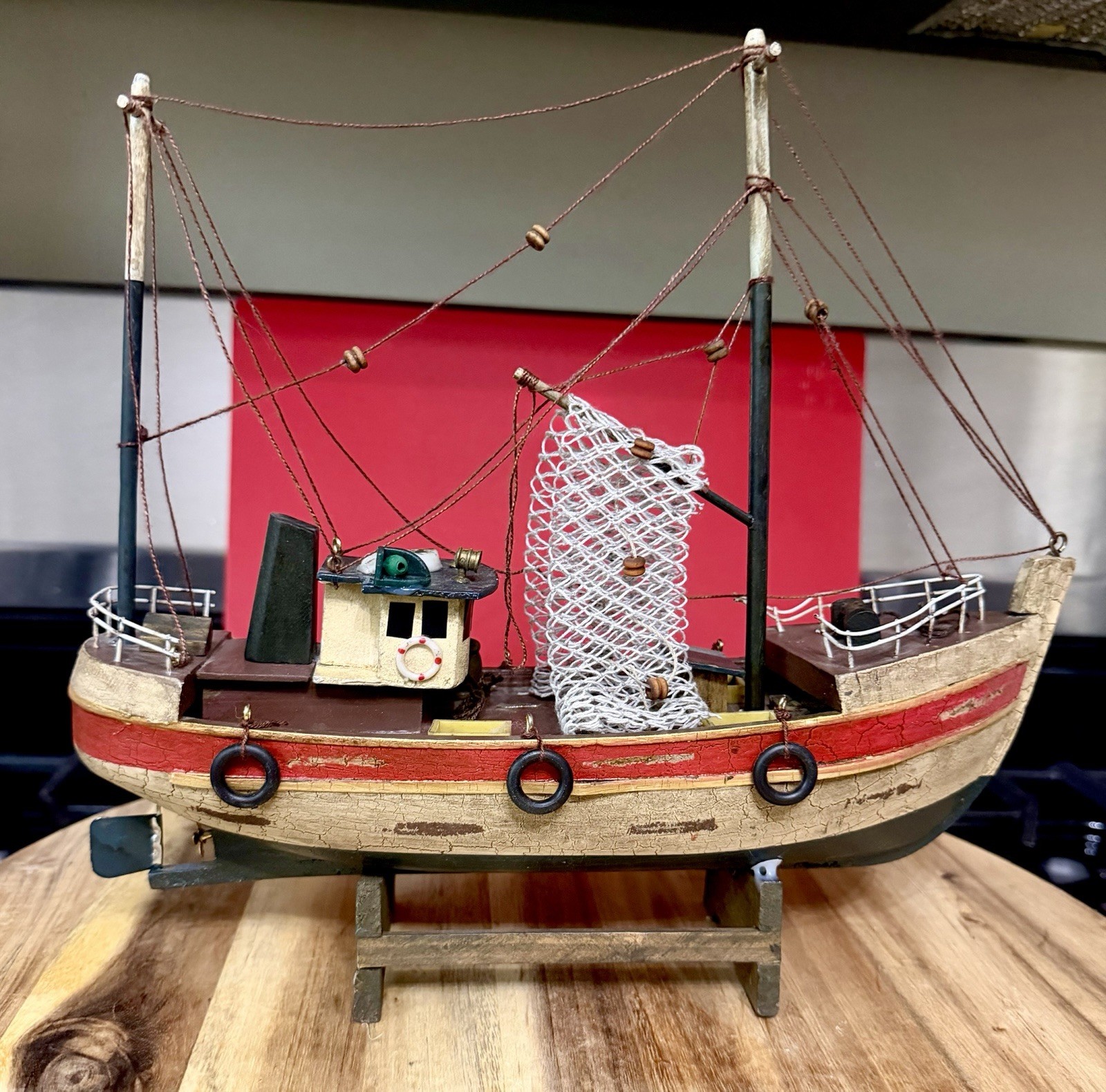 Vintage Handmade Wooden Fishing Boat Model Rustic Folk Art Trawler 11” Vintage Handmade Wooden Fishing Boat Model Rustic Folk Art Trawler 11”