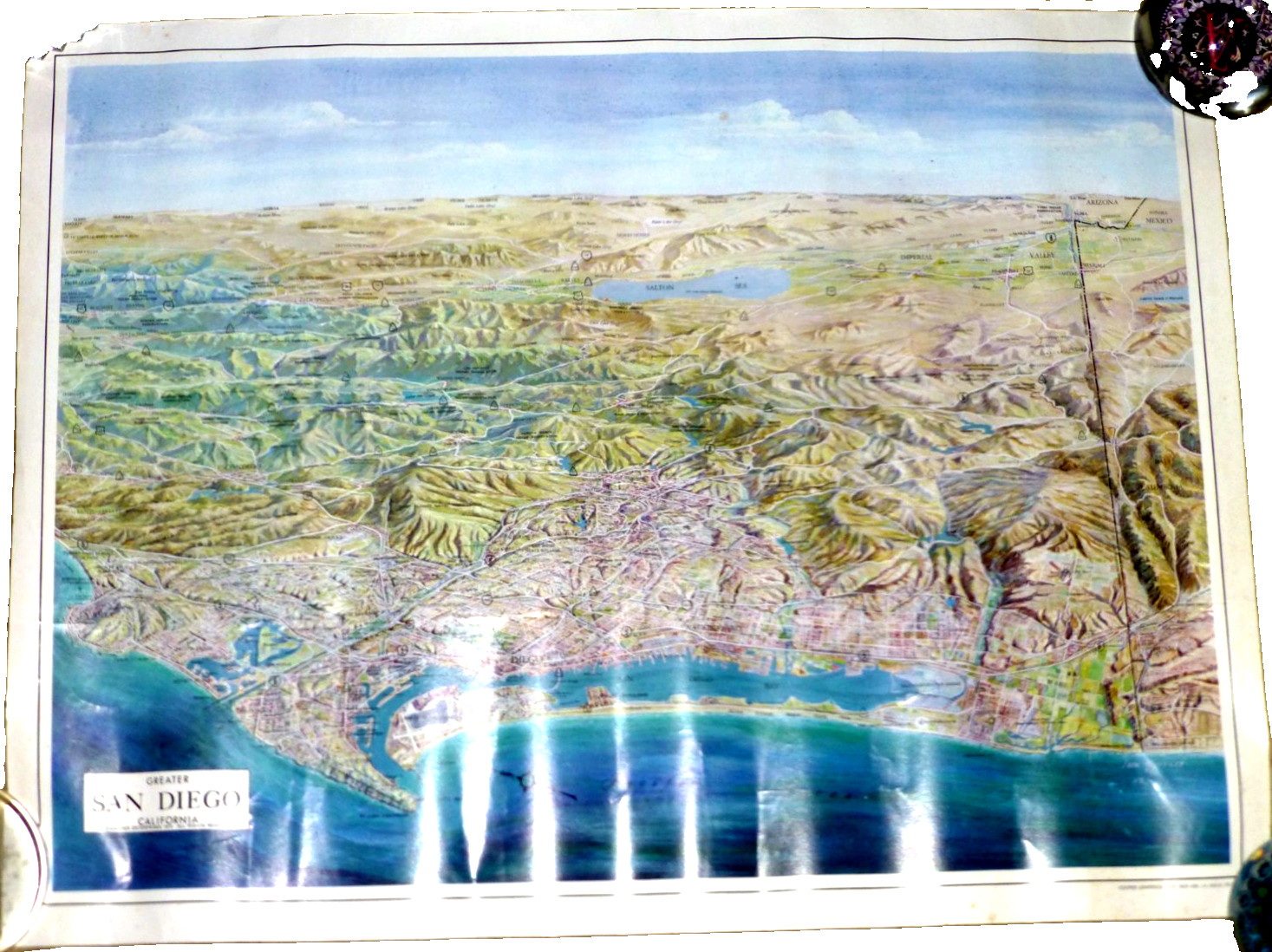 VINTAGE PANORAMIC MAP OF SAN DIEGO CA SALTON SEA IMPERIAL VALLEY BY MOFFETT 1970