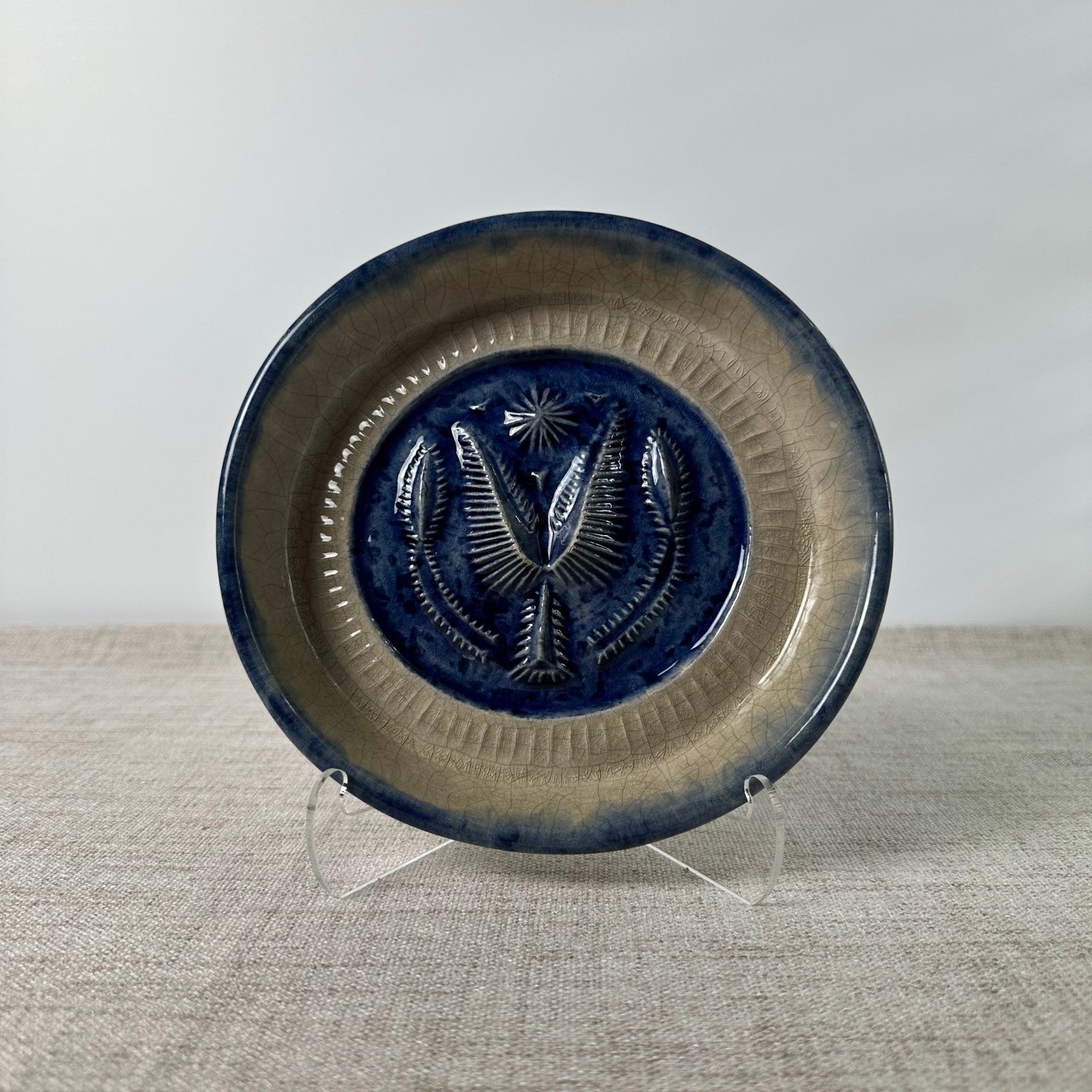 Signed Studio Pottery Ceramic Dish Blue Gray Crackle Glaze Raised Floral Design