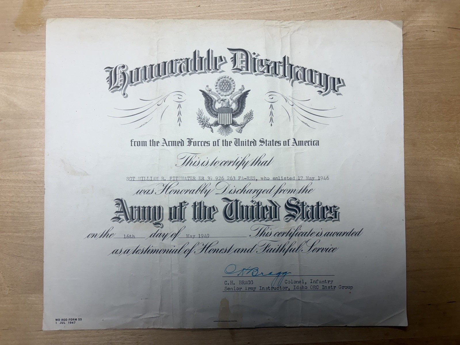 1949 US Army Honorable Discharge Certificate WD AGO Form 55 Original WWII Era