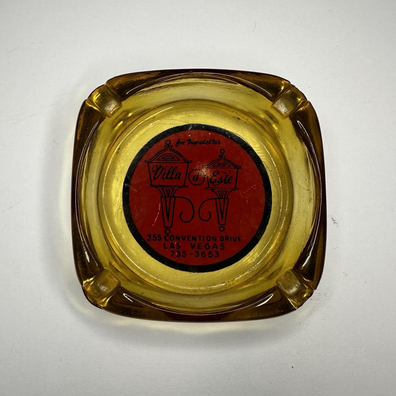 Vintage Amber Glass Marketing Ashtray / Villa d' Este / Las Vegas Nevada NV