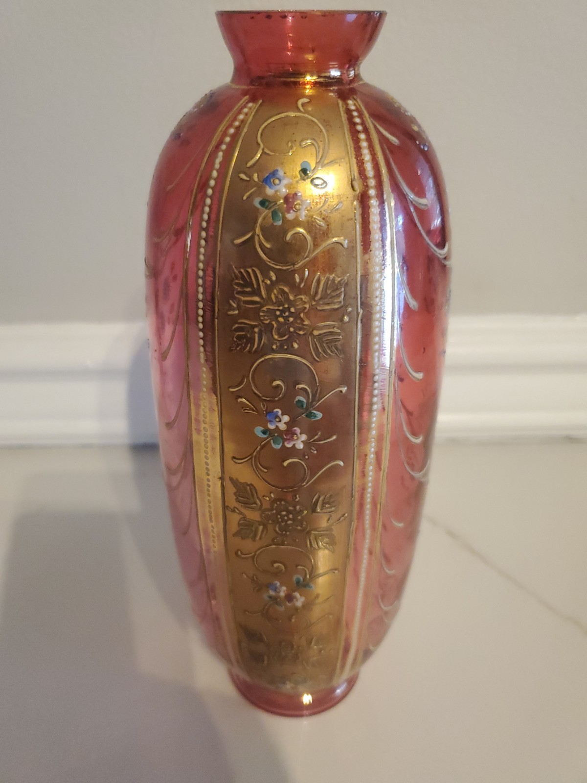 Bohemian Vintage Cranberry Glass Floral Vase with Gold Overlay