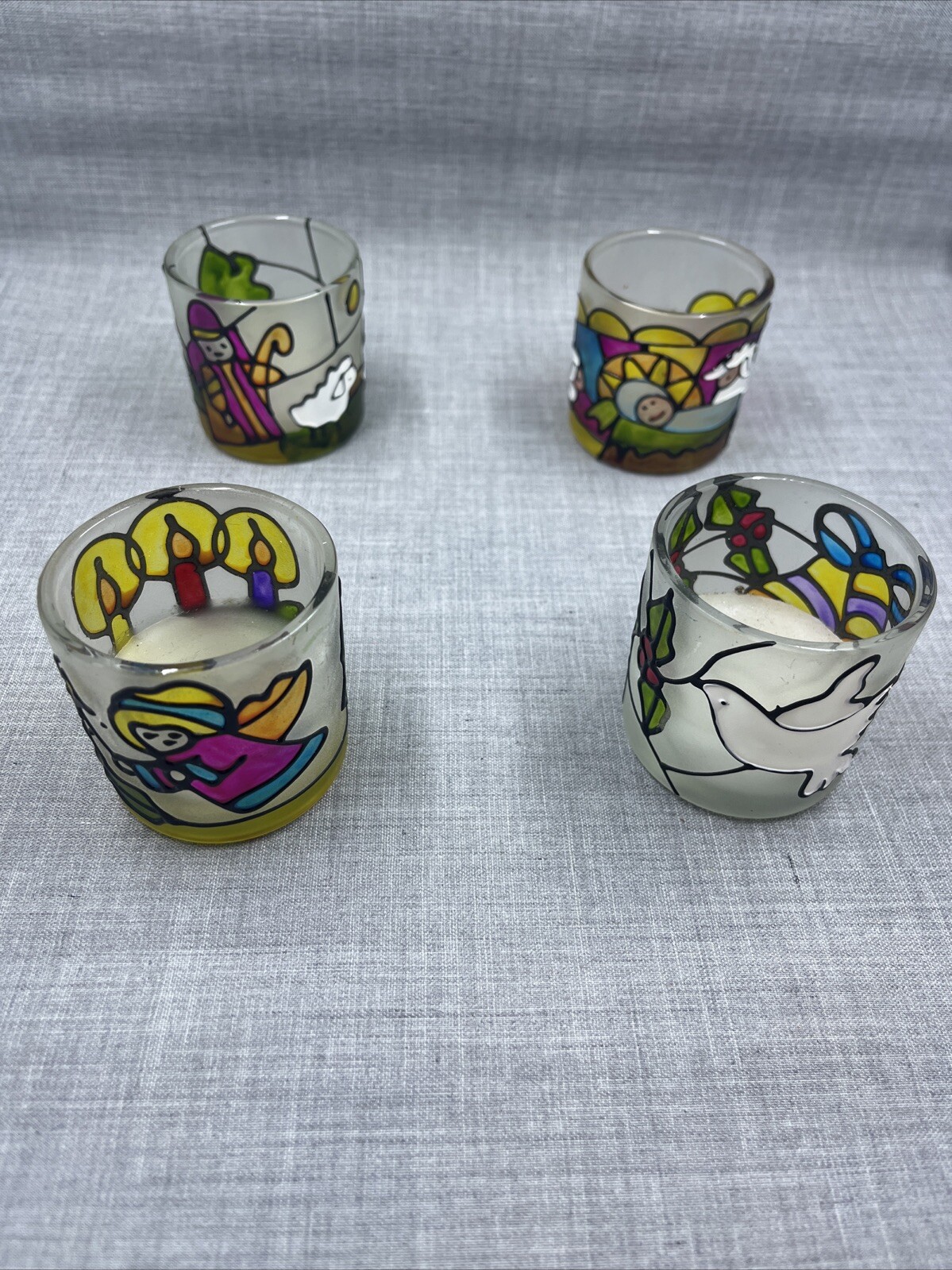 Vintage Po-Zo stained glass Christmas votive candle holders 4 Price Prod Tawian