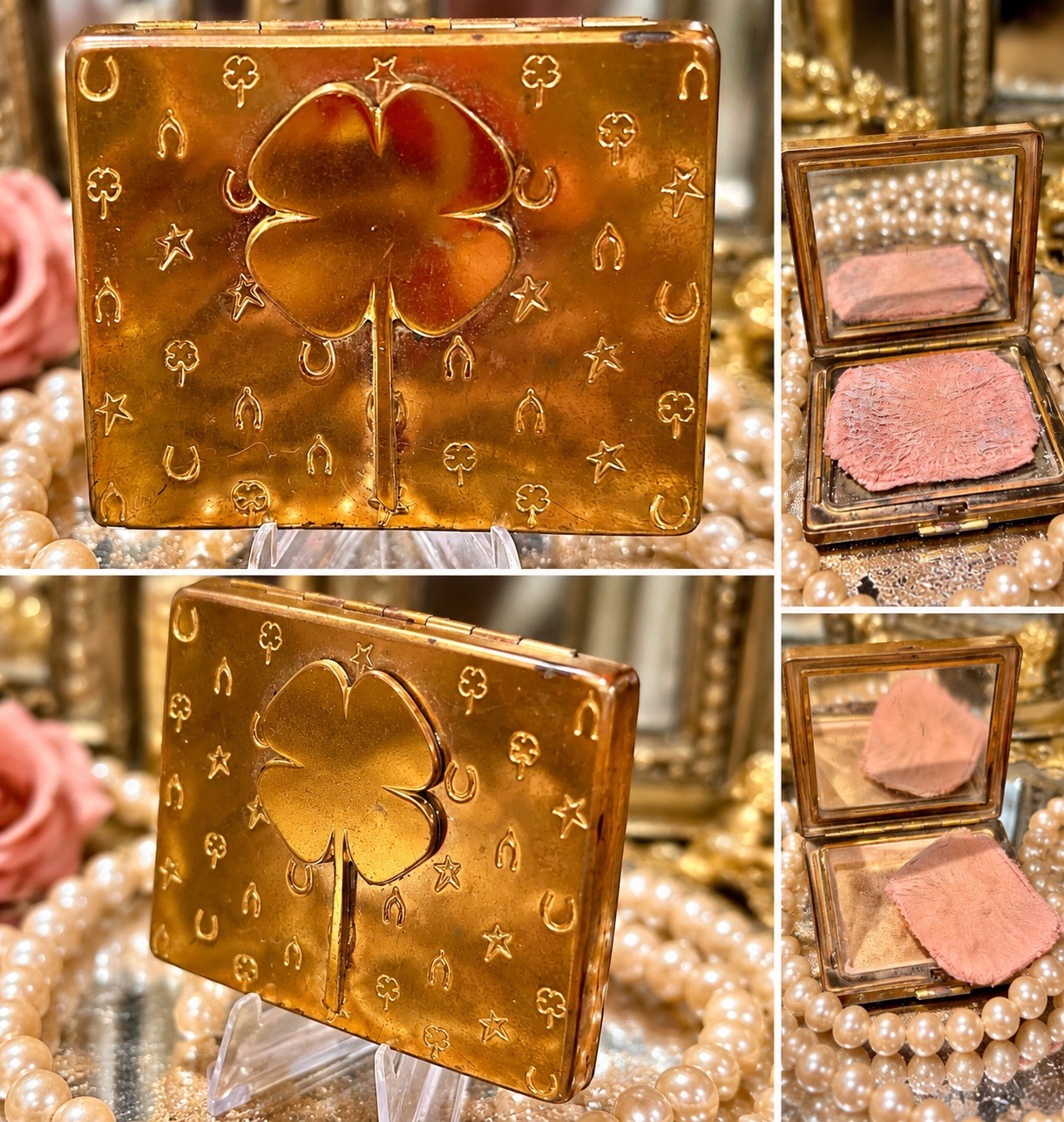 Vintage Paul Flato Signed Lucky Clover Gold Tone Powder Compact 1940s BookPiece