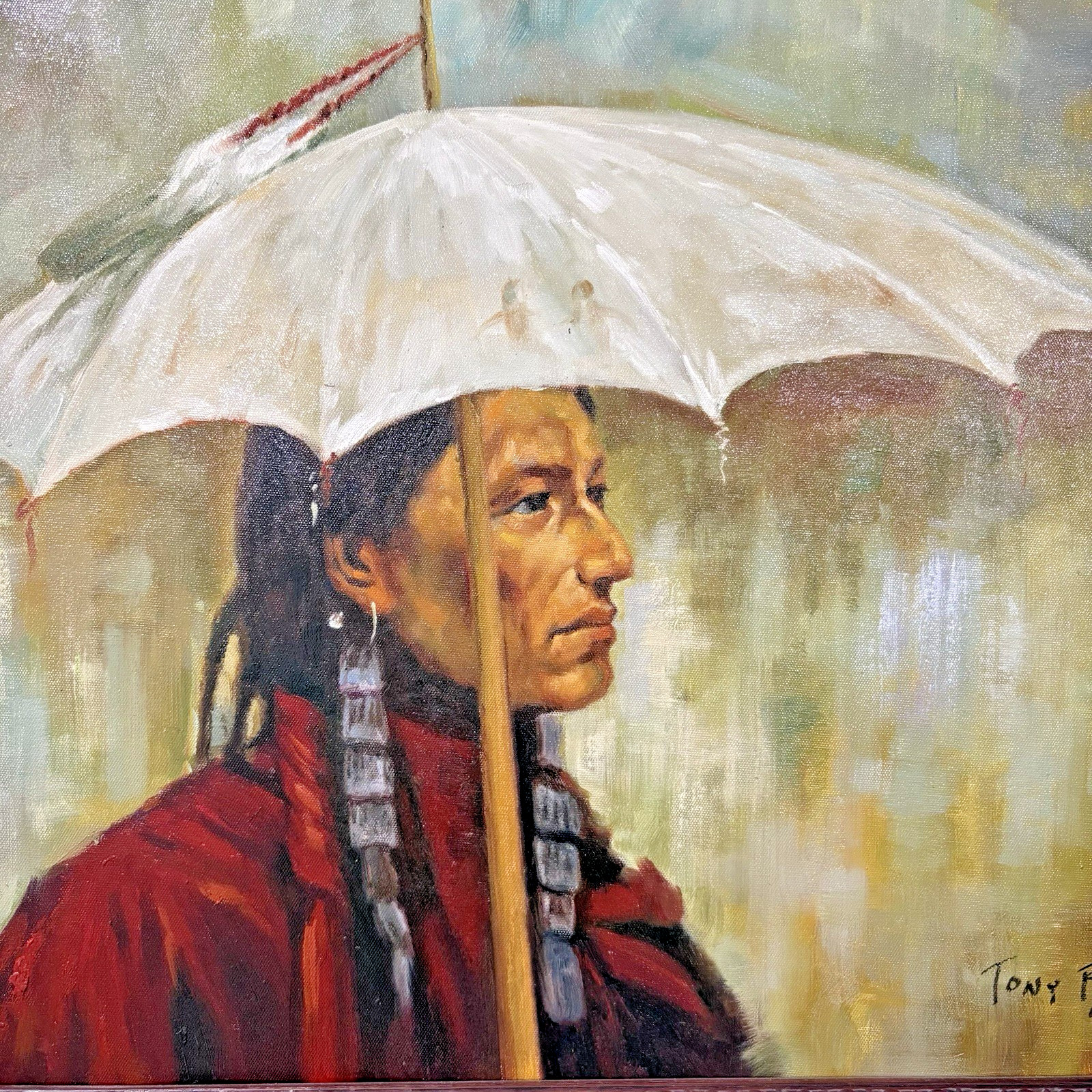 Huge Native American Portrait Original Oil Painting Signed(COA) Heavy Wood Frame