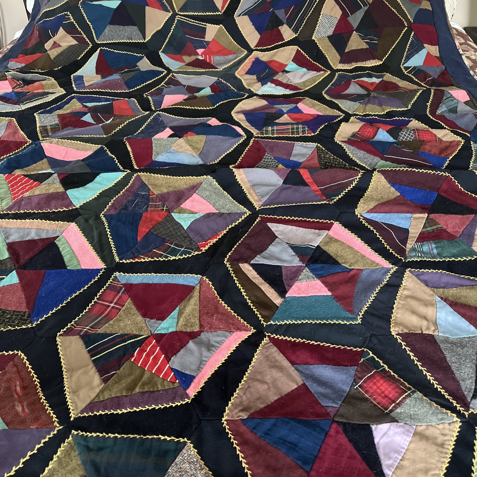 1900s Antique Crazy Quilt Handmade Embroidered Blanket Throw 64 x 75. Hexagons 1900s Antique Crazy Quilt Handmade Embroidered Blanket Throw 64 x 75. Hexagons