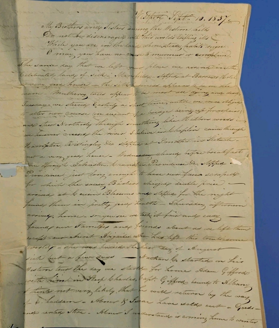 1837 Westport MA Letter Silk Industry Collapse East Haddam Frederick Brownell