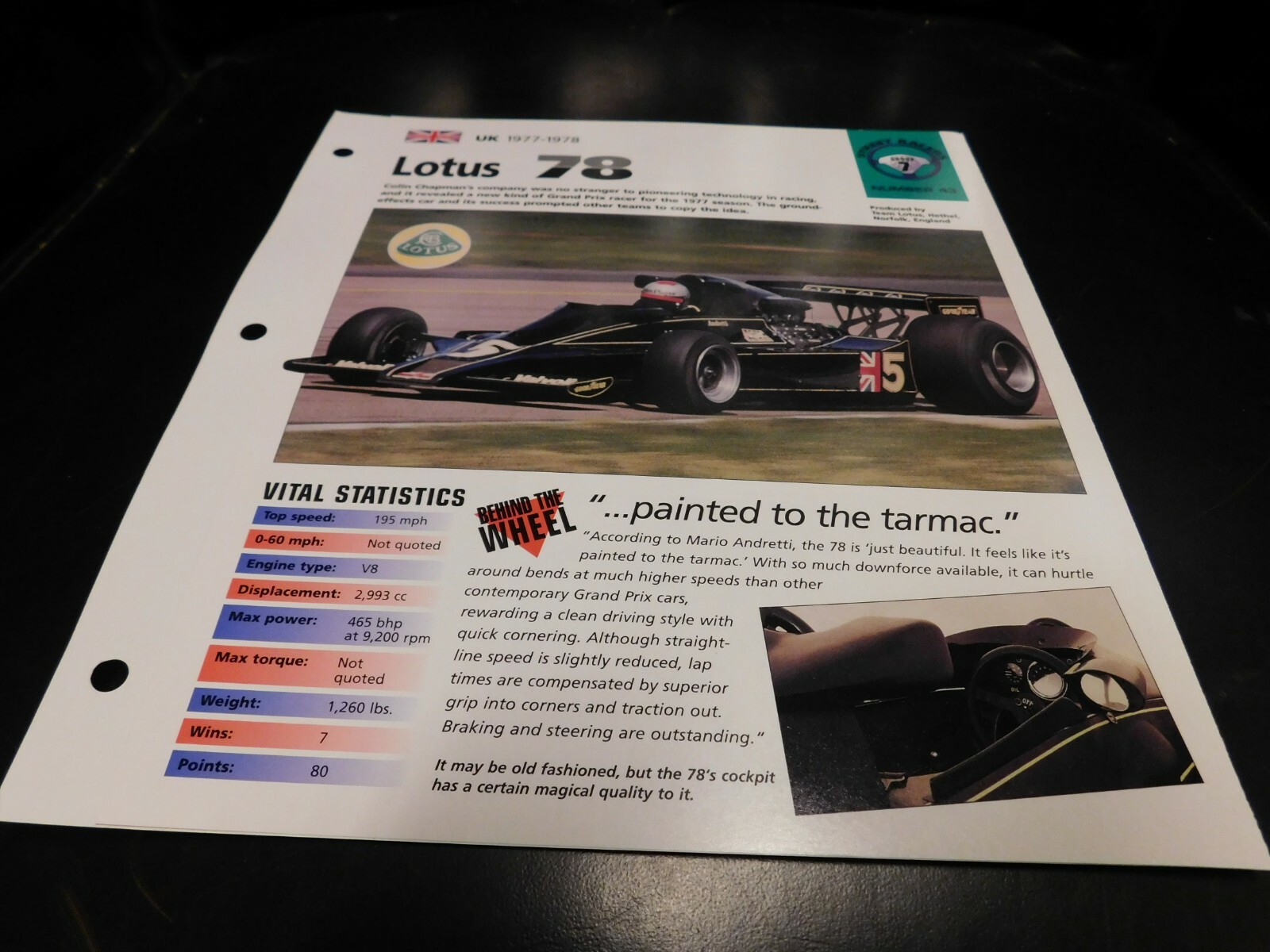1977-1978 Lotus 78 John Player Special Spec Sheet Brochure Photo Poster 1977-1978 Lotus 78 John Player Special Spec Sheet Brochure Photo Poster
