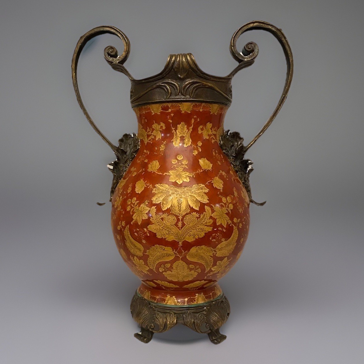 Monumental 19” Wong Lee Bronze Mounted Red Floral Paisley Porcelain Vase