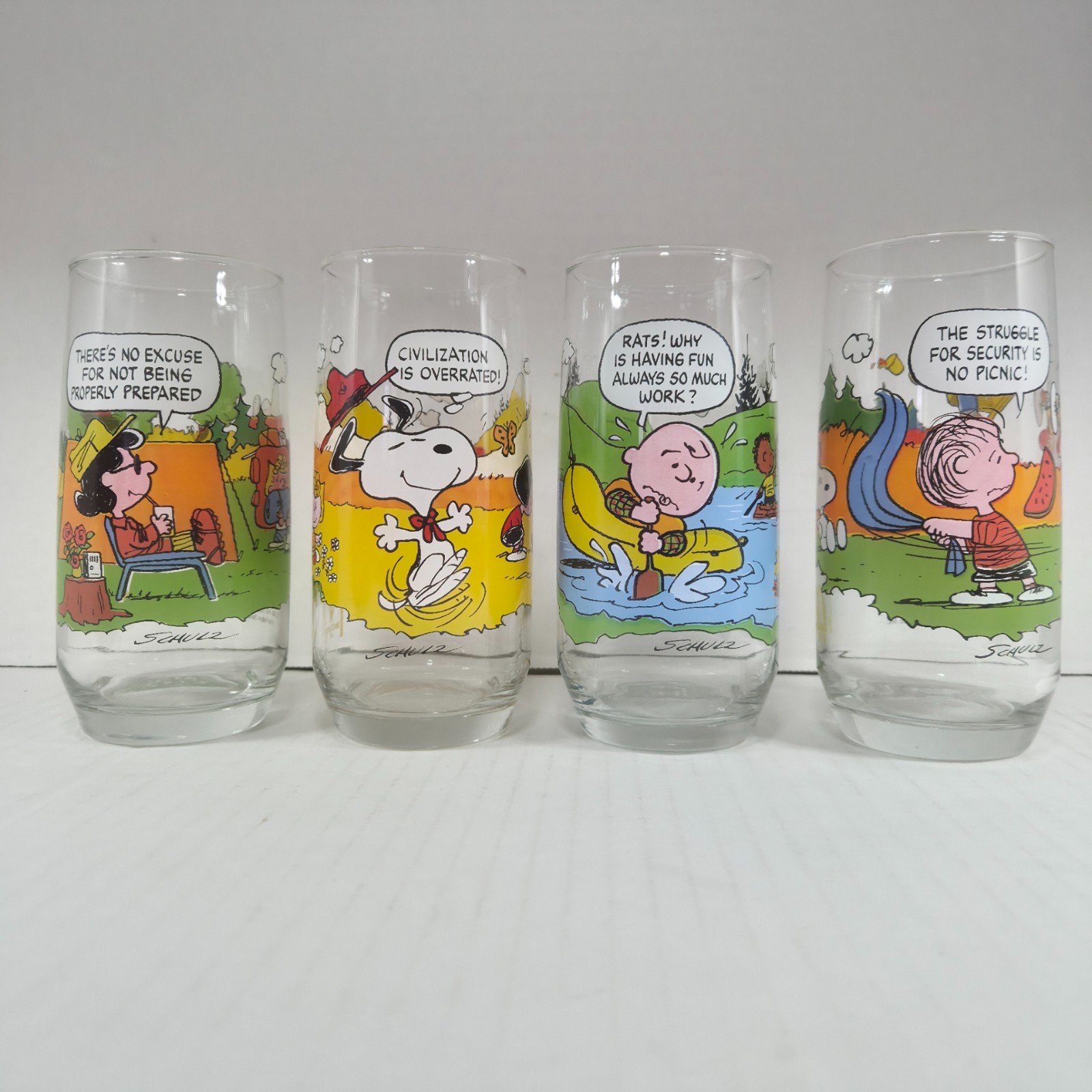 McDonald's Vintage 1983 Camp Snoopy Glasses Set 4 Peanuts Charlie Brown Schulz