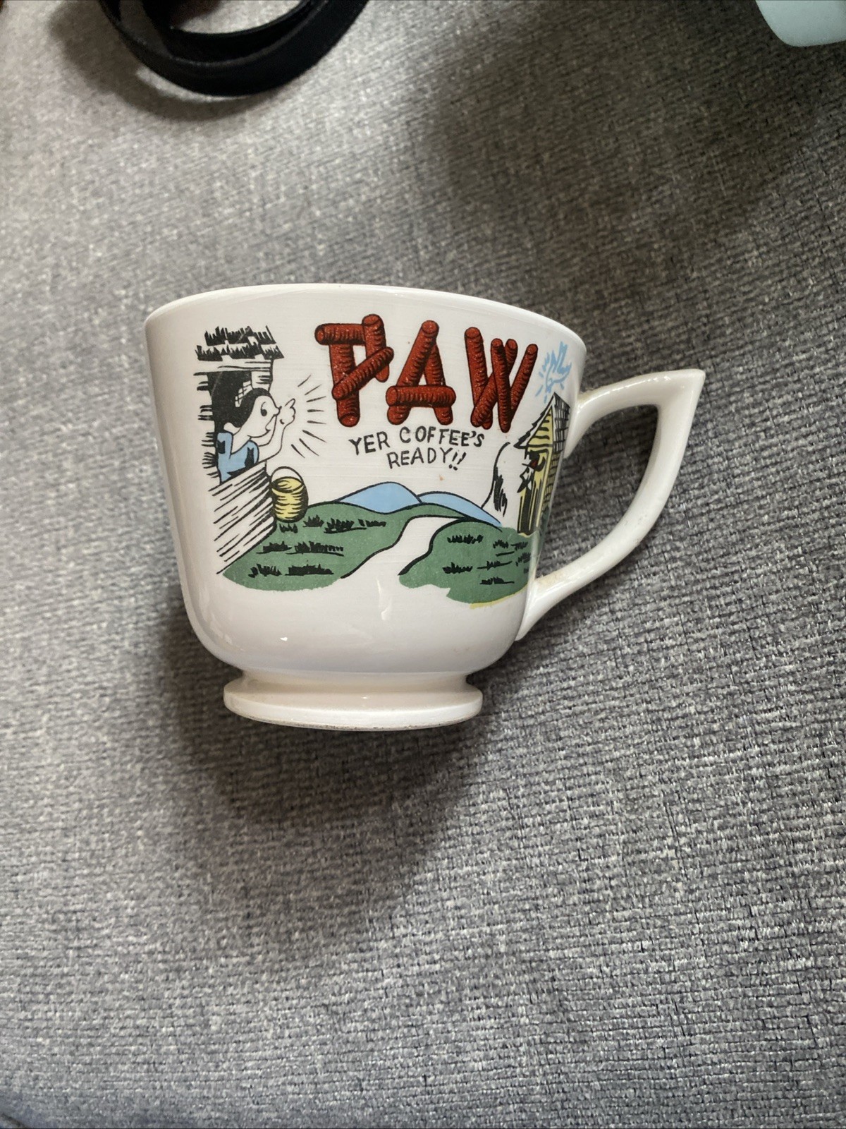 Vintage PAW YER COFFEE\'S READY MUG LARGE 12 oz Cup HILLBILLY OUTHOUSE