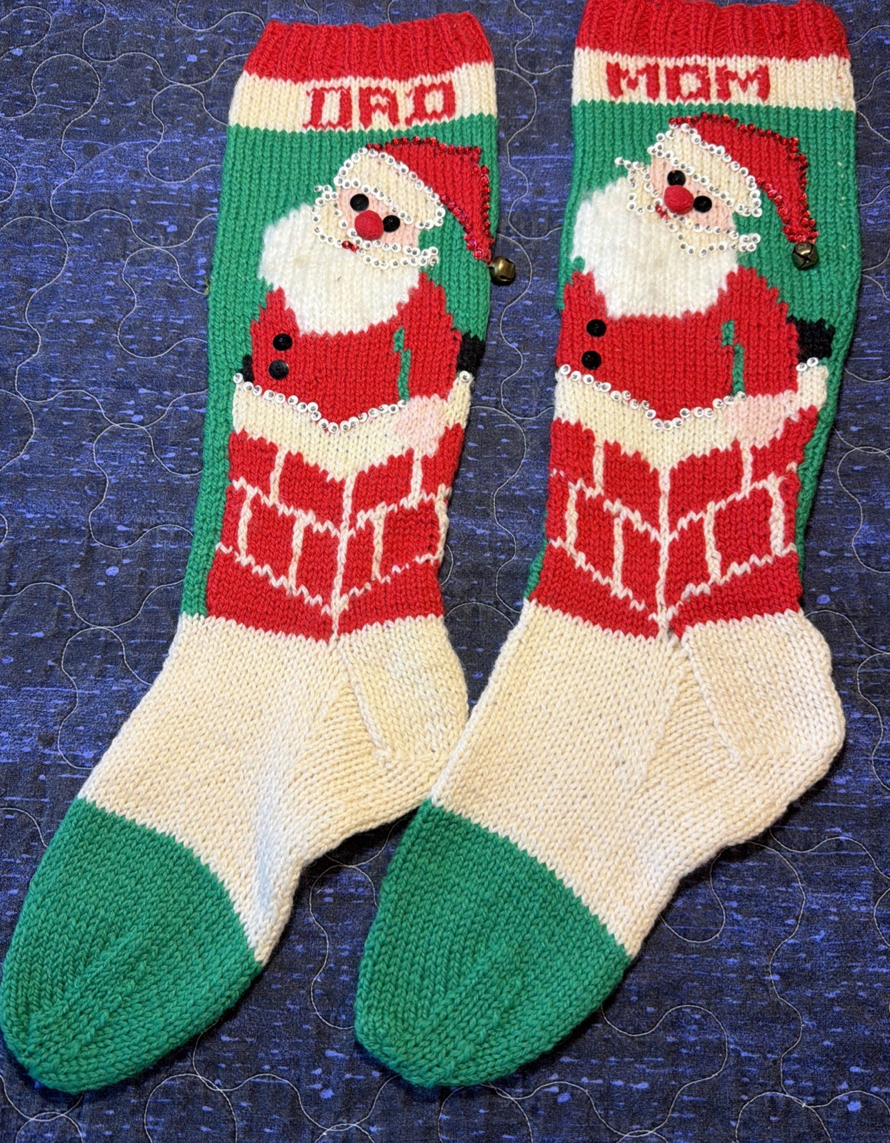 Vintage Hand Knit Christmas Stockings Lot of 2 Mom Dad Santa Chimney Bell 22 Vintage Hand Knit Christmas Stockings Lot of 2 Mom Dad Santa Chimney Bell 22