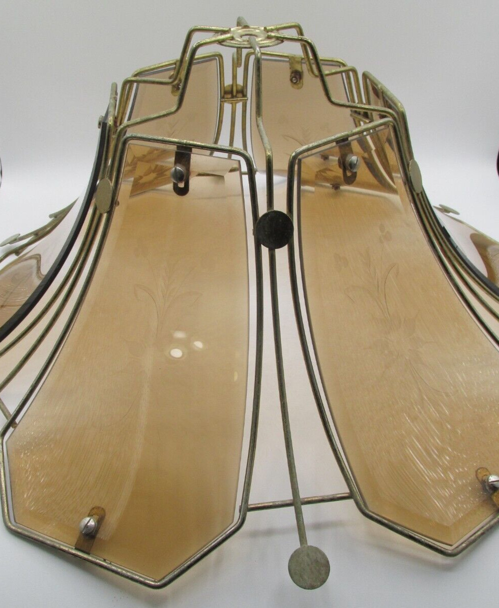 VINTAGE SMOKE BROWN PANELED GLASS LAMP SHADE ETCHED FLOWERS GOLD TONE FRAME VINTAGE SMOKE BROWN PANELED GLASS LAMP SHADE ETCHED FLOWERS GOLD TONE FRAME