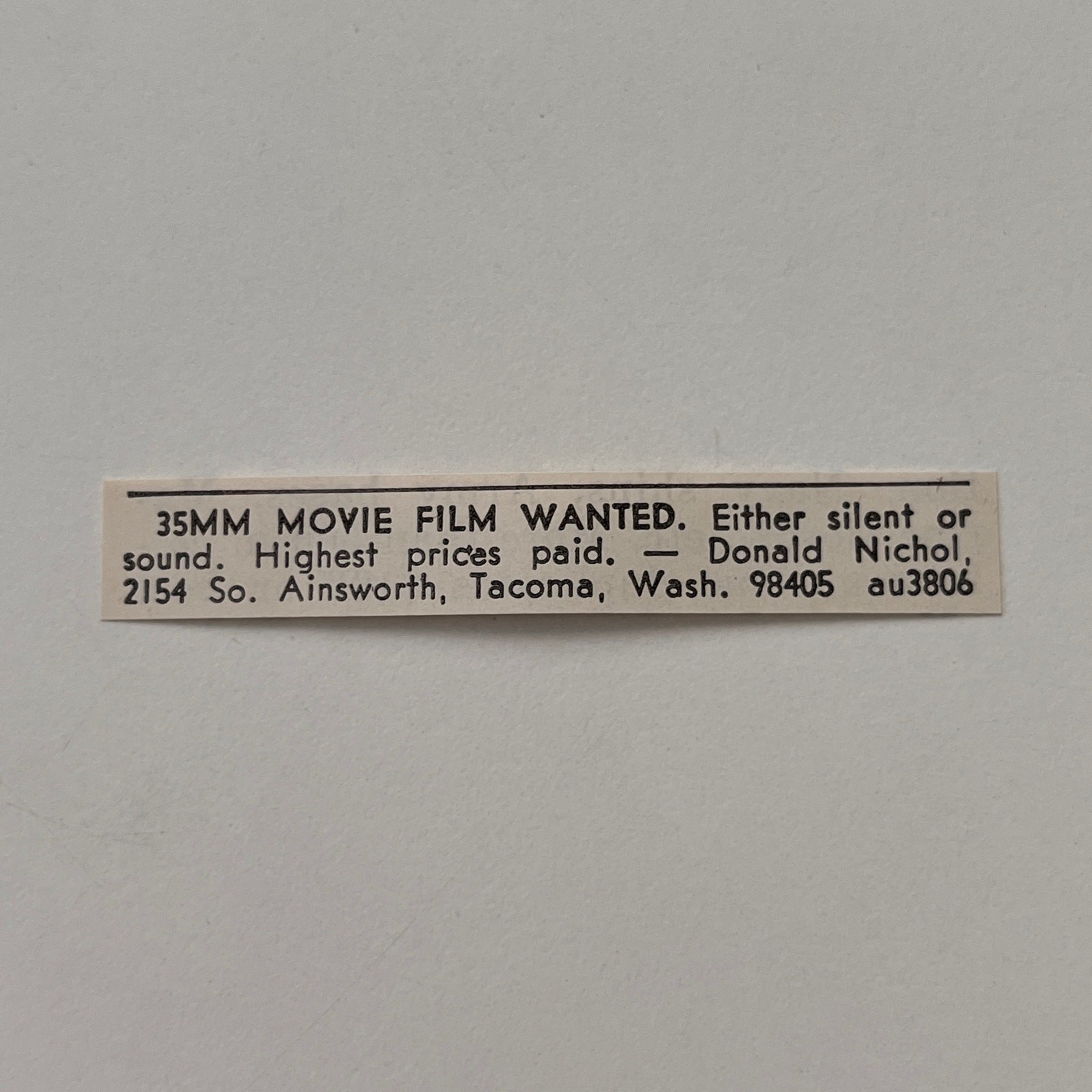35mm Movie Film Wanted Silent Or Sound Donald Nichol Tacoma WA 1973 Ad SAI4-S108