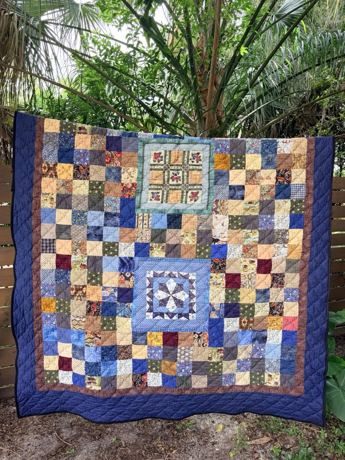Vintage Handmade Patchwork Quilt Full Floral Farm Dog Log Cabin Cottagecore Blue