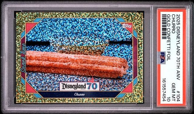 2025 TOPPS DISNEY GOLD CONFETTI FOIL 70TH ANV MINNIE CHURRO 16/55 PSA 10 #104 2025 TOPPS DISNEY GOLD CONFETTI FOIL 70TH ANV MINNIE CHURRO 16/55 PSA 10 #104