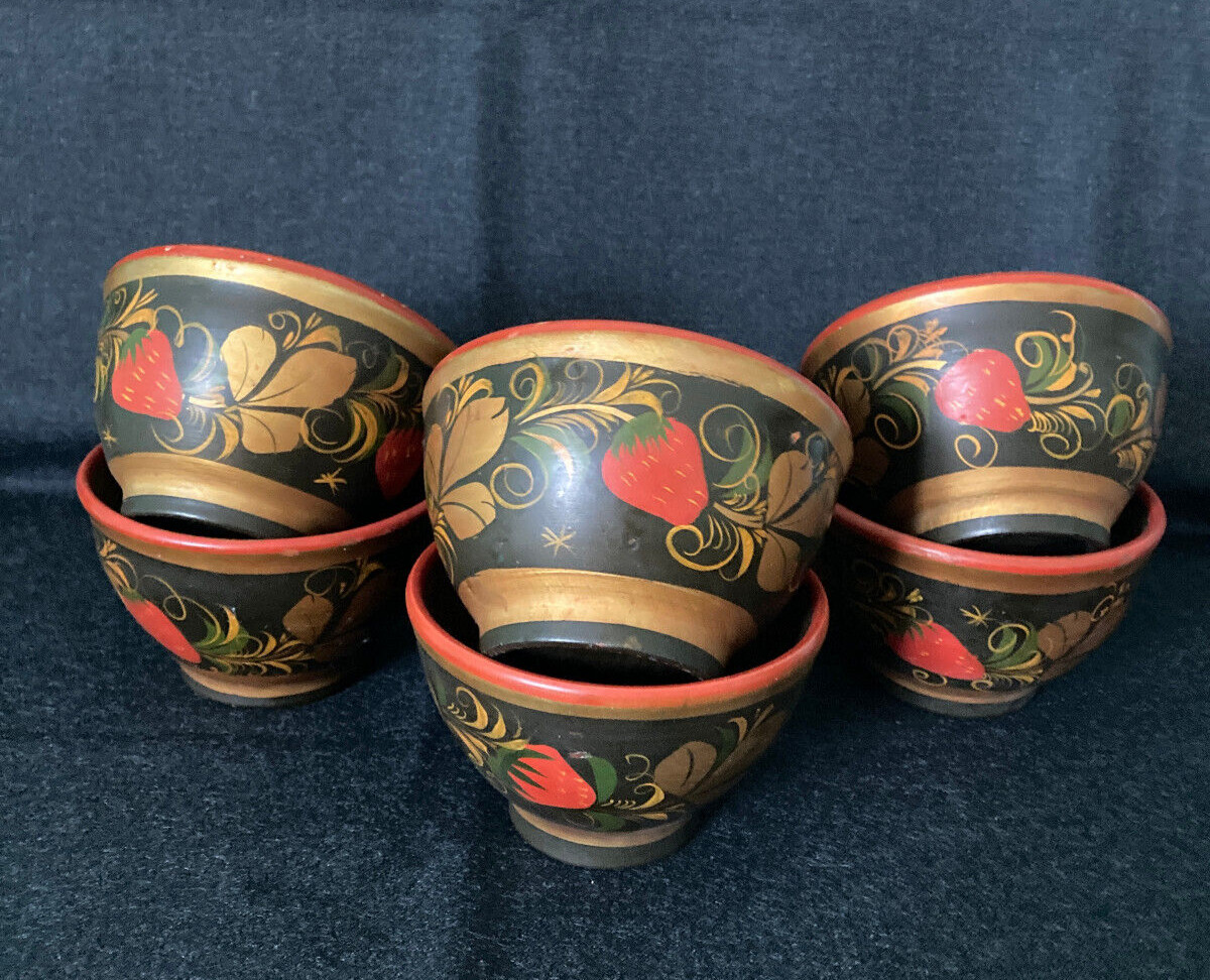 New 1960\'s Russian 6Pcs Hand Painted Wooden Folk Khokhloma Bowls VTG