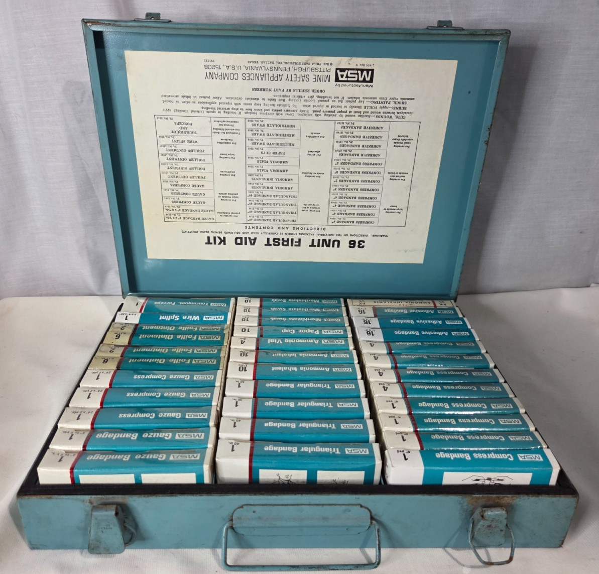 Vtg Rare MSA 36 Unit First Aid Kit Metal Box Full Contents Industrial Mining NOS