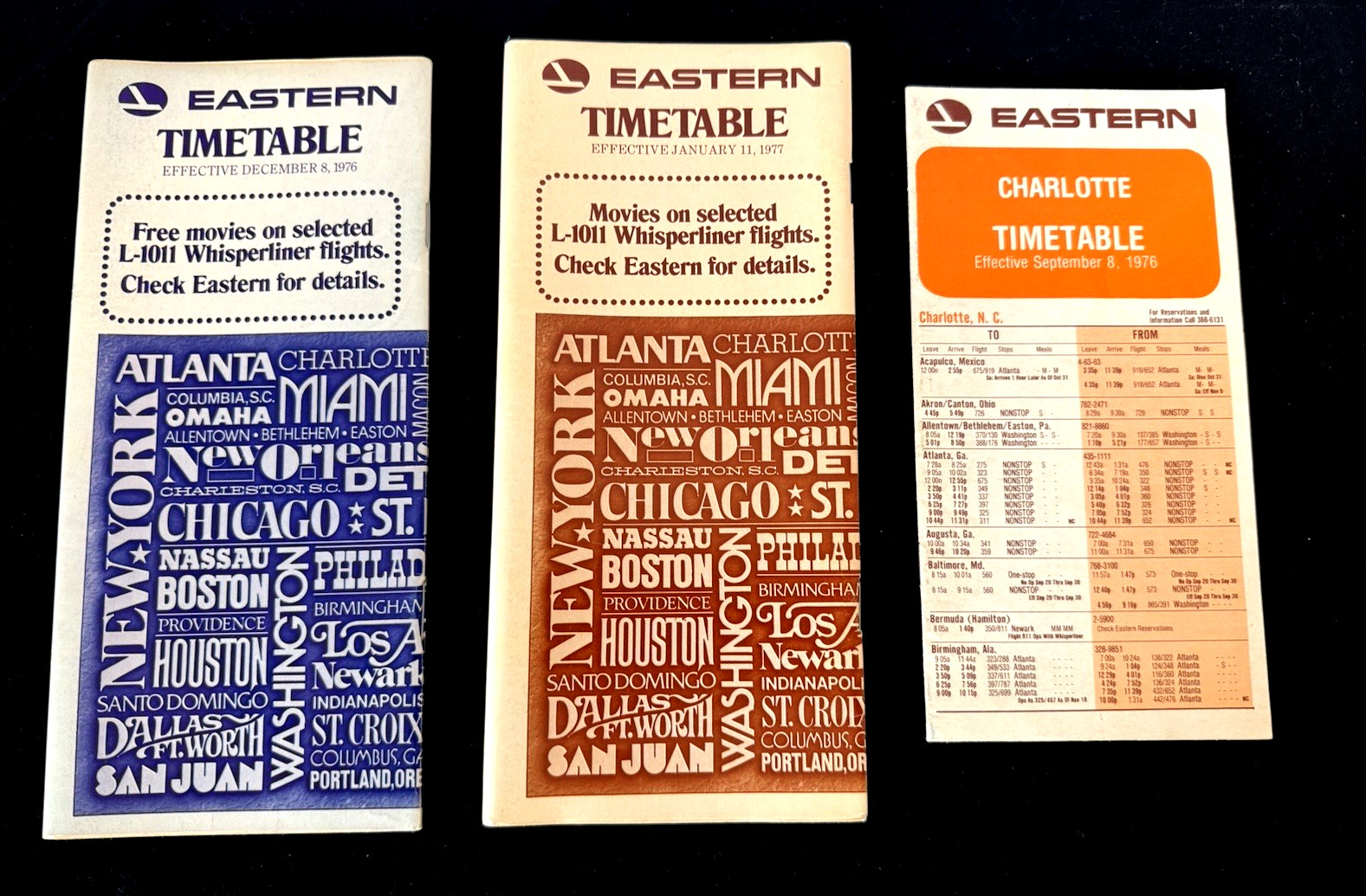 (2) VTG. 1976 &1977 Eastern Airlines System Timetables & (1) Local CLT Timetable